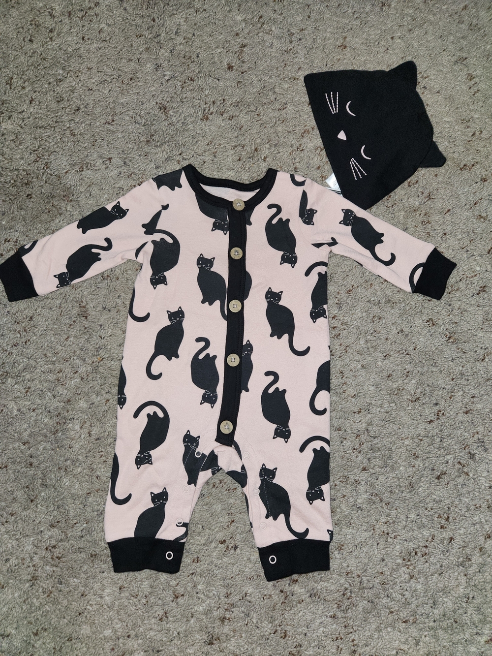 Pink Cat-Print Baby One-Piece Romper with Matching Cat Hat